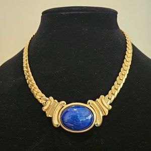 Vintage Trifari signed gold and royal blue 16 inch bib choker necklace